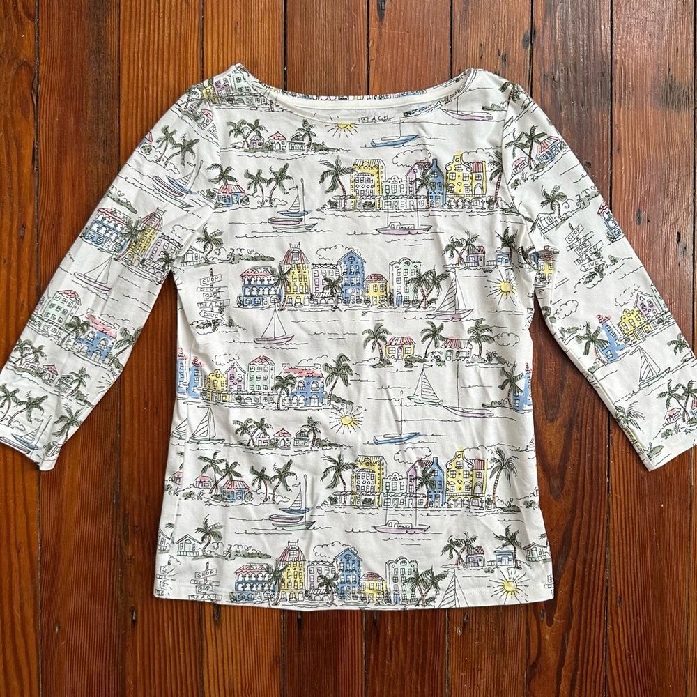 Talbots Cotton Bateau Neck Tee in Scenic Curaçao print Petite